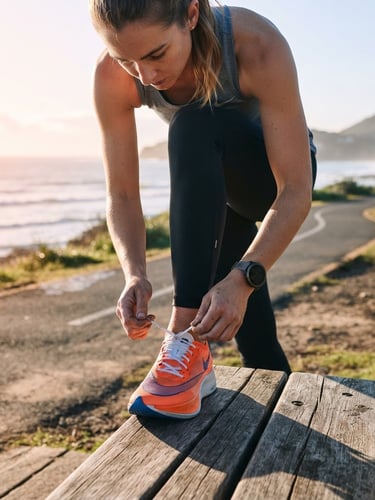 Person focused on lacing running shoes at dawn, crisp shadows, bright natural morning light, clean modern composition, 35mm lens.