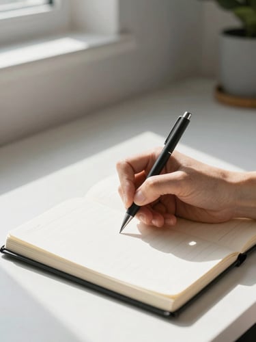 Person writing in a journal in a sunlit room, focused on the action, high-contrast natural tones, clean modern composition, 35mm lens.