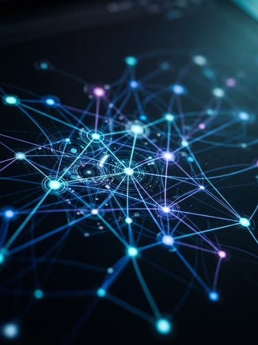 Close-up macro shot of clean dark UI showing algorithmic attribution graphs and data nodes, high contrast, low-key studio lighting with subtle cool-toned rim lights, 35mm