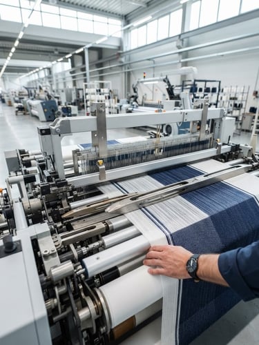 Wide shot of a modern, high-tech textile loom in operation, clean factory environment, bright natural daylight, crisp white and deep navy tones, sharp detail, 50mm lens, a glimpse of a quality inspector's hand in the foreground.