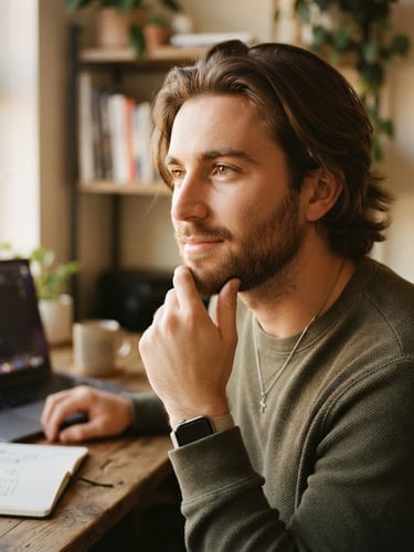 Close-up portrait of a young male web designer looking thoughtfully off-camera, warm natural window light, soft shadow, professional yet approachable, 35mm film texture