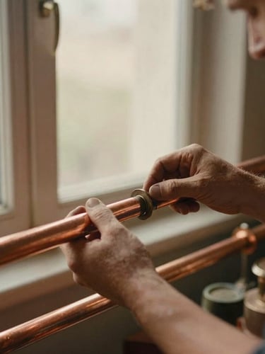 Close-up of a professional artisan working with copper pipes, warm natural window light, editorial 35mm film style