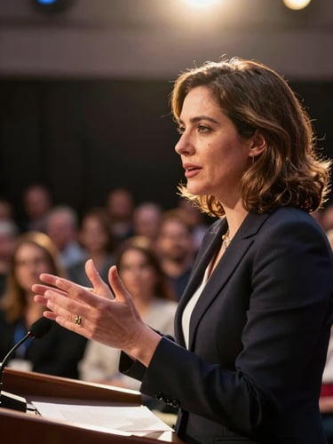 Close-up editorial frame: Dr. Nicole Estelle Roman mid-speech at a conference podium, hands gesturing toward the audience, warm golden stage lighting from above, dark background with soft bokeh of an attentive crowd behind her—presence, not performance