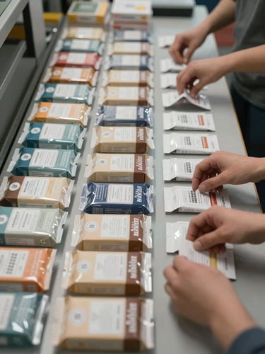 Close overhead view of hands sorting and counting packaged merchandise on a warehouse sorting table, products organized in neat rows, clean studio lighting from above, no faces visible, focus on product readiness and organized stock
