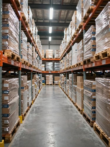 Wide environmental shot of an organized warehouse aisle, neatly stacked merchandise pallets receding into the background, clean overhead industrial daylight, tight rows of product-ready shelving on the right edge of frame