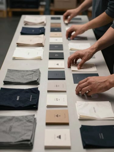 Close-up overhead flat-lay of curated retail merchandise assortment on a clean warehouse sorting table, hands mid-sort arranging products by category, clean studio-style overhead lighting, organized rows of product visible
