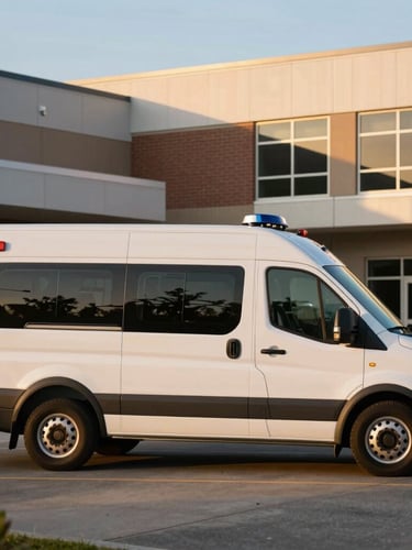 Side view of a clean, modern non-emergency medical transport vehicle parked in front of a modern healthcare facility in Eastern North Carolina, soft golden hour sunlight.