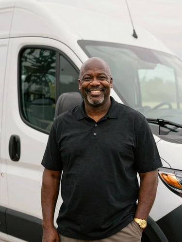 Portrait of founder Kymond Outlaw standing warmly beside a clean, modern transport vehicle in Eastern North Carolina, soft natural daylight, professional and comforting tone, 35mm