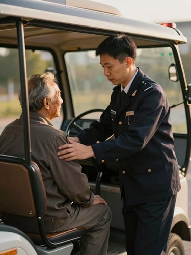 A professional driver in a clean uniform assisting an elderly passenger into a pristine transport vehicle, warm golden-hour lighting, shallow depth of field, 35mm
