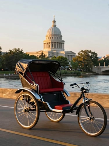 Dynamic tracking shot of a clean custom pedicab in motion along the Susquehanna River at golden hour, State Capitol dome visible in the background, warm editorial photography, 35mm lens