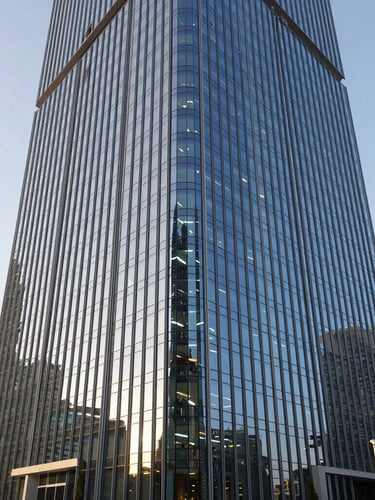 Architectural wide shot of a high-end corporate office in Dubai Internet City, cool-toned sharp office daylight mixed with subtle blue ambient screen glow, clean glass walls.