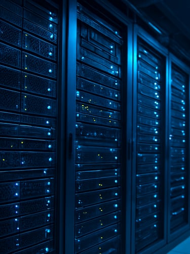 Cool-toned macro shot of server hardware racks in a Dubai data center, blue and electric cyan ambient LED glow, architectural perspective.