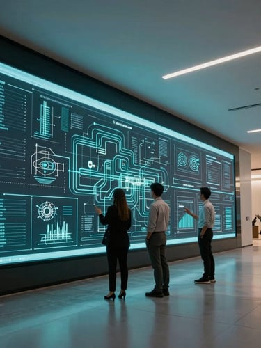 Architectural wide shot of a modern Dubai office interior, developers analyzing complex system architecture on large screens with subtle cyan ambient glow.
