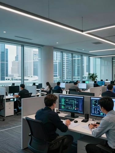 A sharp architectural view of Dubai Internet City office interiors, clean glass partitions, developers analyzing system architectures on glowing screens, cool cyan lighting.