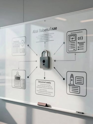 Architectural view of modern office whiteboard in Abu Dhabi with complex security compliance diagrams, cool daylight, sharp reflections.