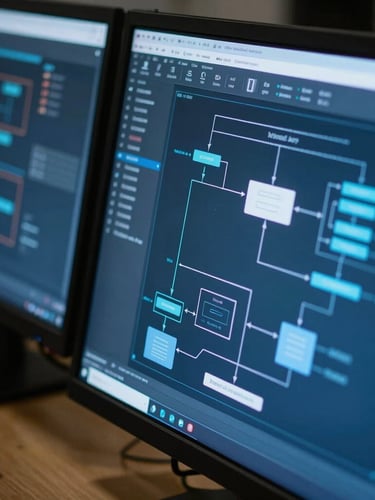 A sharp, close-up shot of developer screens displaying complex backend system architecture diagrams in cool blue tones.