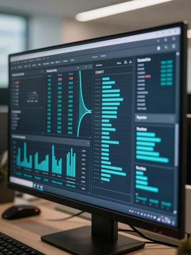 A close-up of developer screens displaying real-time analytics dashboards with cyan data flows in a modern Dubai office.