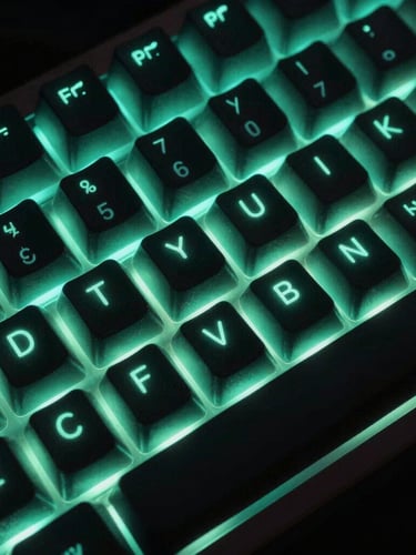 Macro photography of a physical mechanical keyboard with custom keycaps illuminated by neon cyan backlighting, sharp focus, technical aesthetic