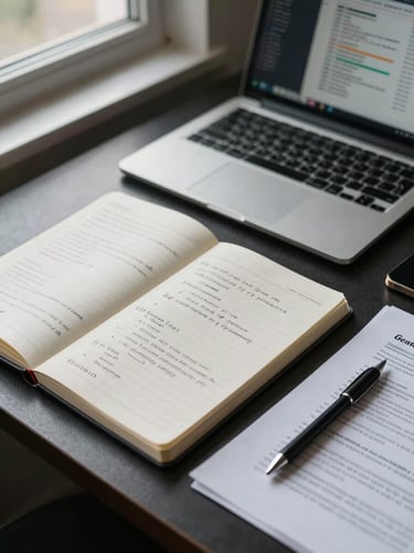 Close overhead shot of a strategy session work surface — open notebook with structured notes, a laptop screen reflecting analytics data, a mechanical pencil resting on a printed brief, soft overcast window light from the upper left, dark desk surface, no people visible