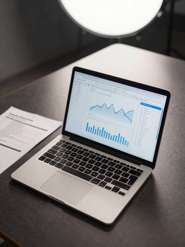 Close overhead shot of a laptop on a dark conference table displaying an analytics dashboard with performance metrics and line graphs, a printed strategy brief partially visible to the side, soft studio strobe lighting from above, no visible faces, clean professional workspace environment