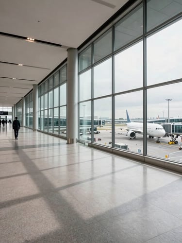 Wide panoramic view inside a contemporary international airport terminal, looking down an empty concourse corridor — floor-to-ceiling glass walls on the right revealing a grey overcast sky and aircraft stands, structural columns casting long parallel shadows across polished stone flooring, a lone executive figure in a dark suit visible in the far left third walking away, soft diffused overhead studio lighting, no signage or text visible, clean geometric architecture