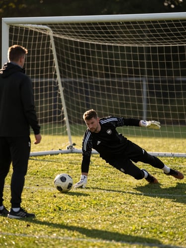 Medium shot from goal-mouth angle, a goalkeeper in full stretch making a low save on a grass training pitch, coach standing to the left observing form, natural golden-hour side light across the field surface, training ground documentary framing