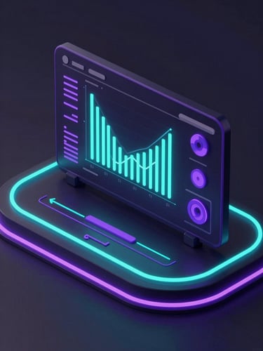 Sleek 3D render of a dark mode tech interface showing active neon teal data streams and violet telemetry graphs, isometric schematic framing
