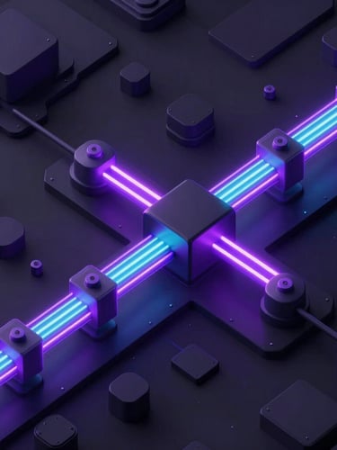 Isometric 3D schematic of a glowing neon data pipeline, electric violet and teal active streams flowing through architectural nodes, dark mode tech aesthetic, macro detail