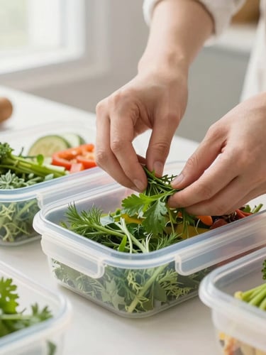 Close-up of hands placing fresh green herbs onto a perfectly organized meal prep container, soft natural window light, clean kitchen background, professional editorial food photography