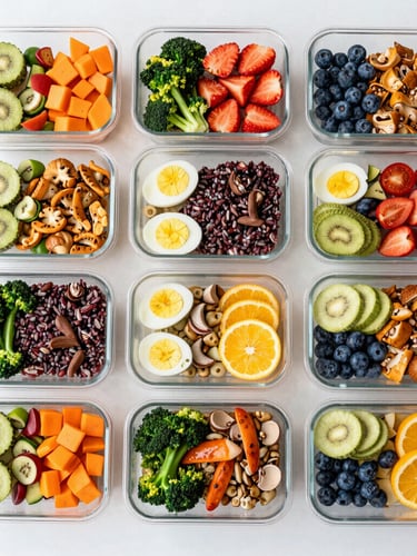 Overhead flat-lay of glass meal prep containers filled with colorful healthy food, arranged in perfect rows on a clean surface, bright natural daylight, appetizing editorial food photography