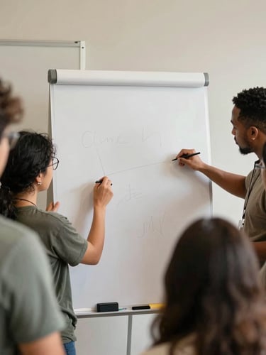 Medium shot of a diverse group of community members actively participating in a workshop, working together on a large flipchart, natural diffused daylight, muted earth tones, documentary style, 35mm lens, shallow depth of field.