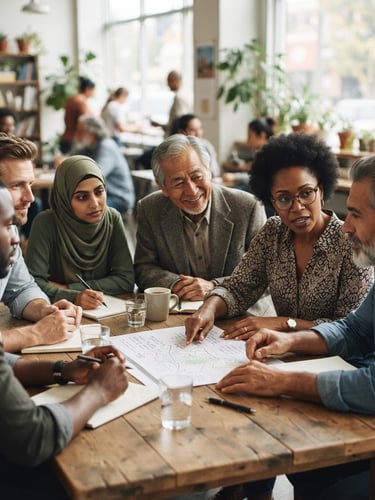 Wide shot of a diverse group of local leaders engaged in a collaborative roundtable discussion, focused on a shared document, natural diffused daylight, warm editorial photography, muted earth tones, documentary style, shallow depth of field, off-center to the right