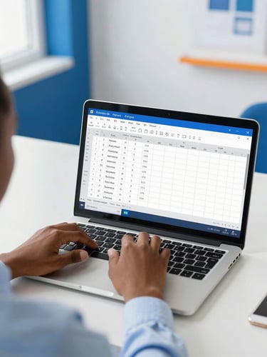 Over-the-shoulder view of an adult student in Korhogo learning Excel on a laptop, bright natural indoor lighting, clean workspace, corporate blue accents