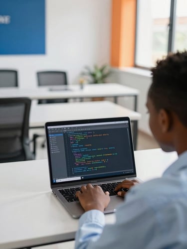 Over-the-shoulder view of a student coding on a laptop in a bright, modern classroom in Korhogo, warm natural light, professional corporate photography, 35mm lens