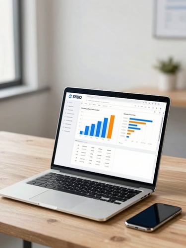 A sleek laptop showing a modern web application dashboard with blue and orange charts, placed on a clean wooden desk with a smartphone beside it, bright natural daylight, professional corporate photography, 35mm lens