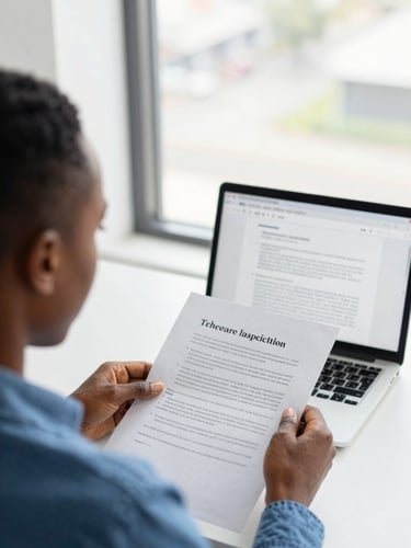 Over-the-shoulder shot of an Ivorian student reviewing a printed academic thesis, a laptop open next to them showing a clean document layout, bright natural daylight from a window, professional corporate photography, 35mm lens