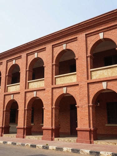 Warm architectural photography of the Malda District Centre building facade, showing clean terracotta brickwork and arches under bright natural West Bengal daylight, wide-angle lens, editorial documentary style