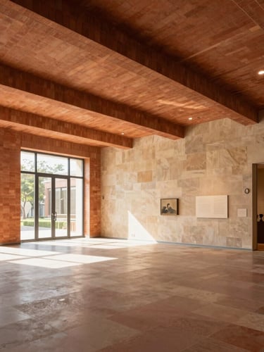 Bright interior of a modern exhibition hall with high ceilings, warm terracotta brick accents, natural sunlight streaming through large windows, clean and spacious layout