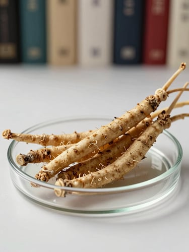 A clean, high-contrast macro shot of raw ashwagandha roots resting on a modern glass petri dish, soft natural side lighting, book-lined study background.
