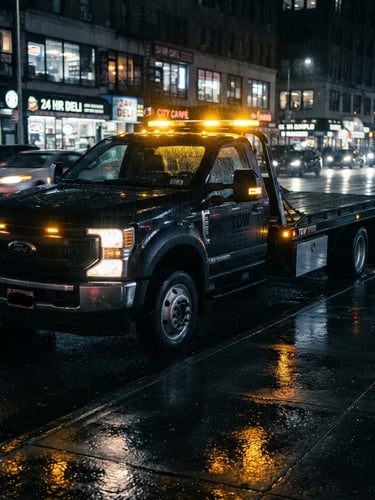 Dramatic low-angle shot of a modern black flatbed towing truck with glowing yellow hazard lights, parked on a wet urban street at night, cinematic lighting with wet pavement reflections, 35mm lens