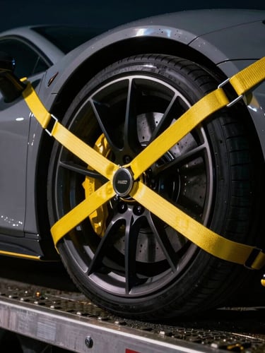 Close-up of high-strength yellow tie-down straps secured tightly on a premium sports car wheel on a flatbed trailer, dramatic night lighting with soft yellow highlights, 35mm lens