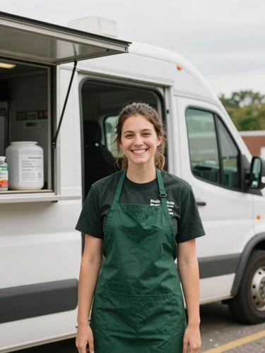 A smiling volunteer in a forest green apron standing outside a mobile food pantry van in Indianapolis, warm overcast daylight.