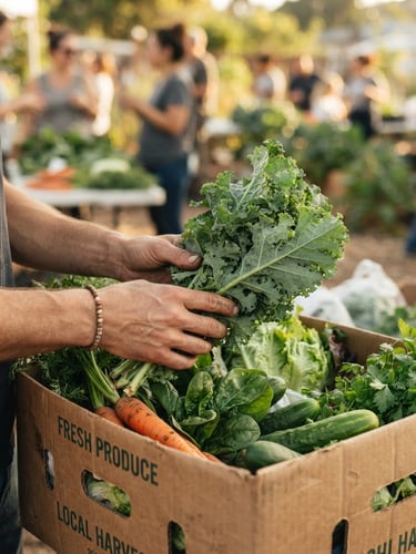 Warm natural daylight shot of hands carefully placing fresh green vegetables into a cardboard box, shallow depth of field, candid community action.
