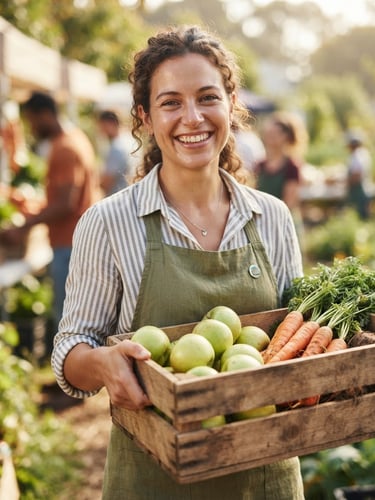 A warm, close-up portrait of a volunteer smiling while carrying a wooden crate filled with fresh green apples and orange carrots, natural morning sunlight, shallow depth of field