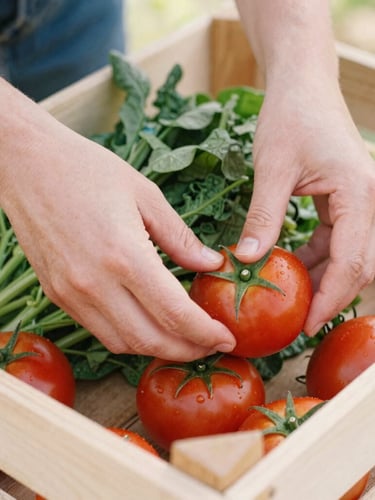 A close-up of hands carefully arranging vibrant red tomatoes and leafy greens inside a clean wooden crate, warm natural daylight, soft focus.