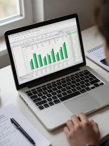 Overhead view of an open laptop showing a detailed Excel dashboard with green chart lines and formula cells, a spiral notebook with handwritten analysis notes beside it, soft natural window light from the left, organized desk surface