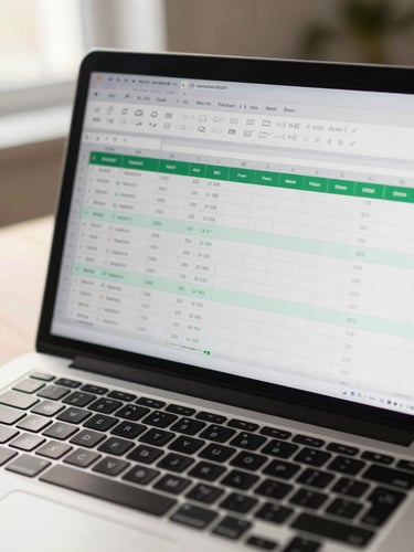 Overhead wide shot of a modern laptop screen displaying a clean Excel dashboard with green-tinted data cells, formula bar visible, soft natural light from the left, keyboard partially in frame, slight lens warmth