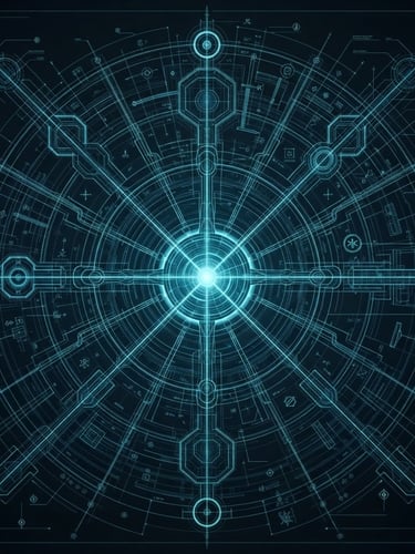 High-contrast architectural schematic of a multiversal nexus, cold terminal glow, sharp cyan accents against deep shadows, wide imposing structural blueprint, no human faces.