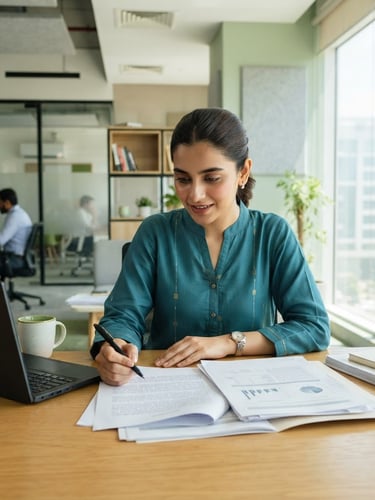 Young professional reviewing documents in a modern, brightly lit Pakistani office, clean architectural lines, soft green accents, eye-level medium shot.