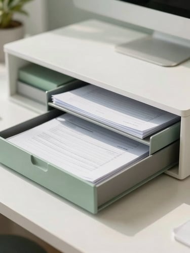 Modern Pakistani professional organizing documents on a clean desk, bright natural daylight, soft green accents, sharp focus, 35mm